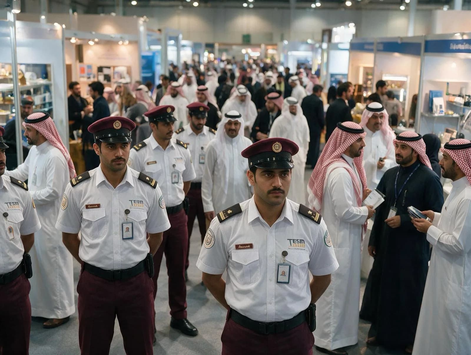 حراس أمن يؤمّنون صالة معرض مزدحمة بالزوار